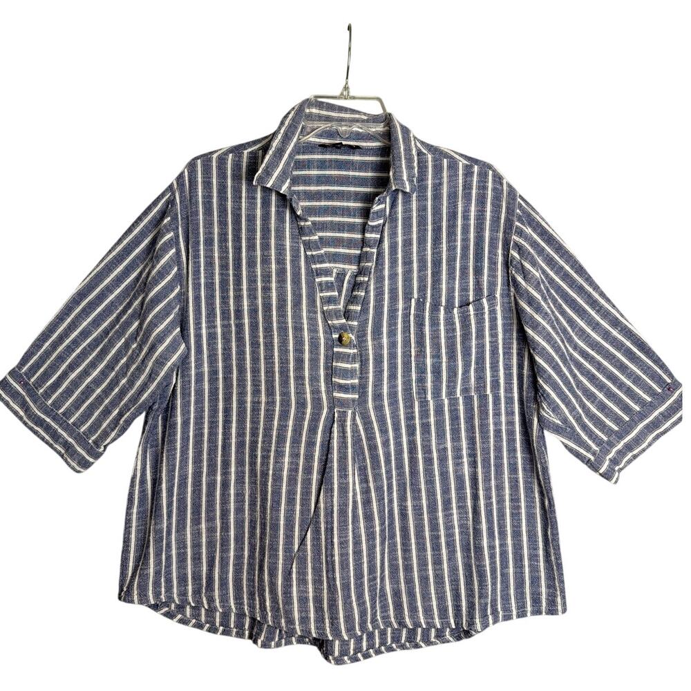Club Z Collection Plus Size Blue White Stripe Cotton Blouse 2X Boho Minimalist